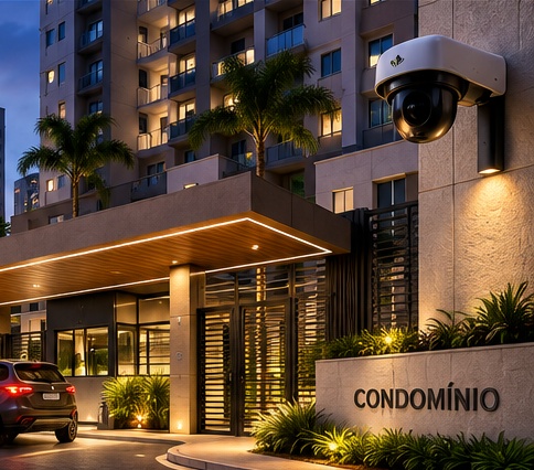 Entrada de condomínio com câmera de segurança e iluminação noturna